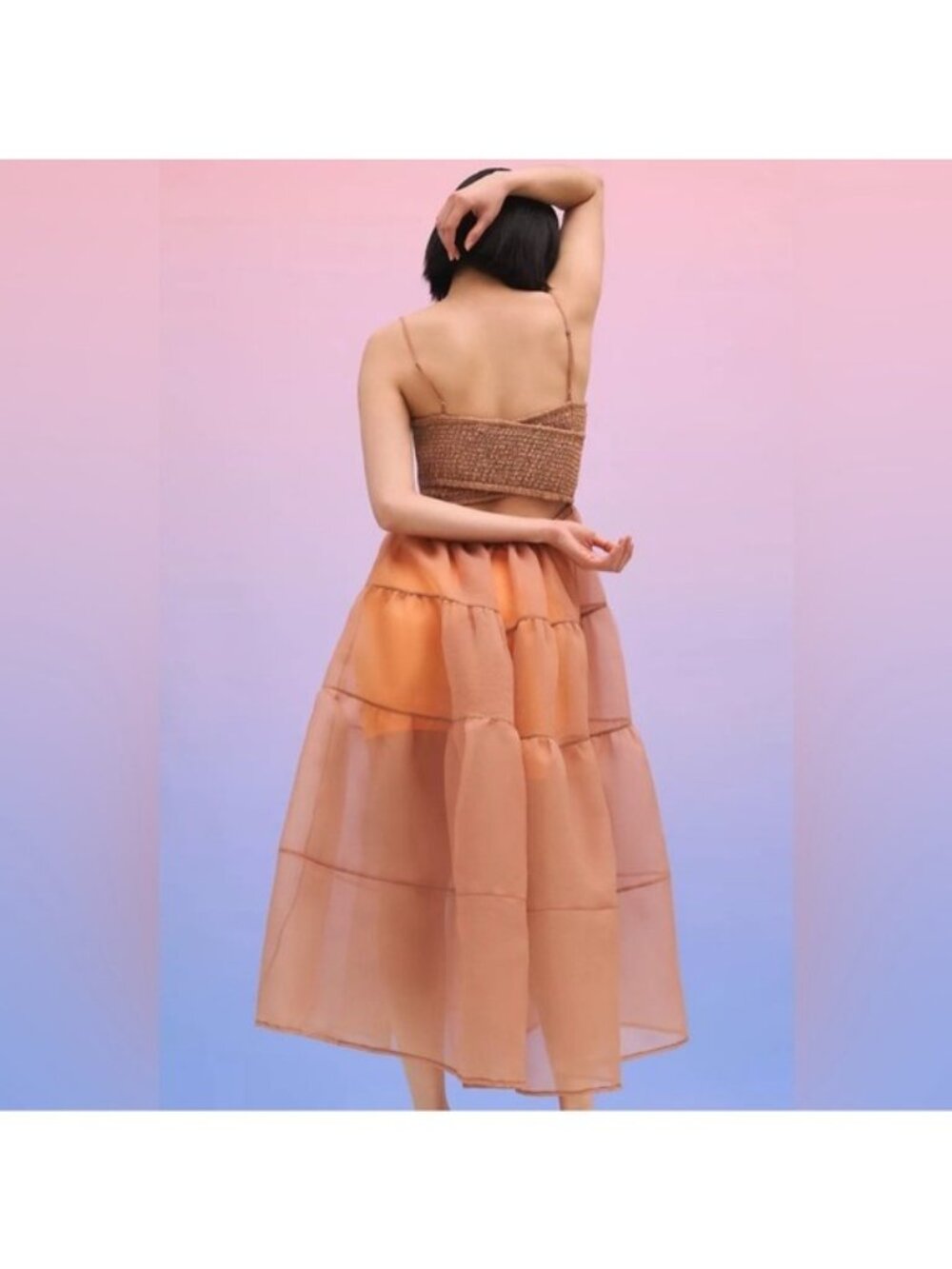 Free People x OhSevenDays Tiered Sheer Mini Dress XS Light Sand Organza Smocked